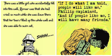 A pair of the author's illustrations depicting crucial moments in two of Littletown Secrets' stories.